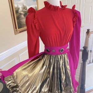 Fausto Puglisi $1550 Edwardian Ruffle Gold-Pink-Red Mini Dress 0/2 NWT